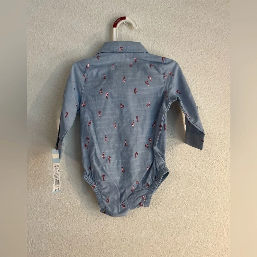 Cat and Jack Baby Blue Button-Up Onesie with Red Bow Tie -candy cane print 3/6M